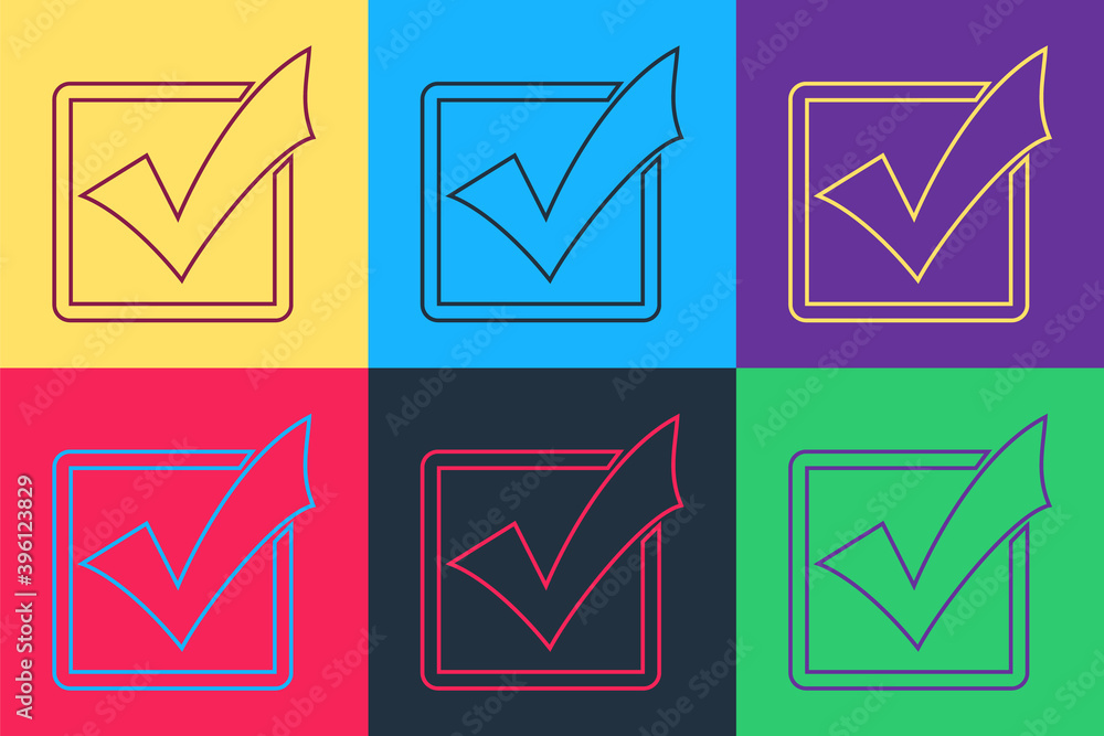 Poster pop art check mark in a box line icon isolated on color background. tick symbol. check list button s