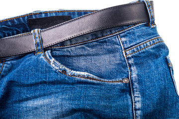 Studio lighting. blue jeans, wearing a black belt on a white background. No isolation. front pocket.