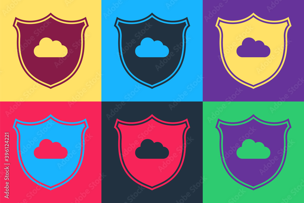 Poster pop art cloud and shield icon isolated on color background. cloud storage data protection. security,