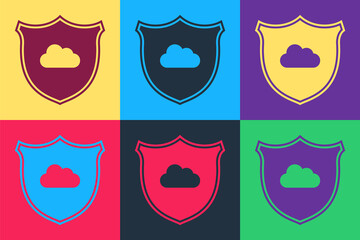 Pop art Cloud and shield icon isolated on color background. Cloud storage data protection. Security, safety, protection, privacy concept. Vector.