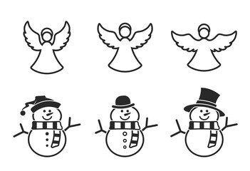 angel and snowman line icon set. New Year and Christmas characters