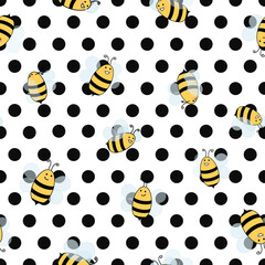 Happy flying bees, flat design cute vector illustration over large black polka dot background, seamless pattern.