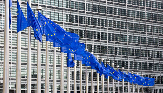Europen Union flags in front of the EU Commission building in Brussels, Belgium.
