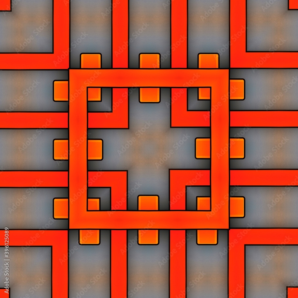 Poster 3d illustration of brightly red and orange coloured rectangular blocks on a grey background patterns