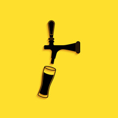 Black Beer tap with glass icon isolated on yellow background. Long shadow style. Vector.