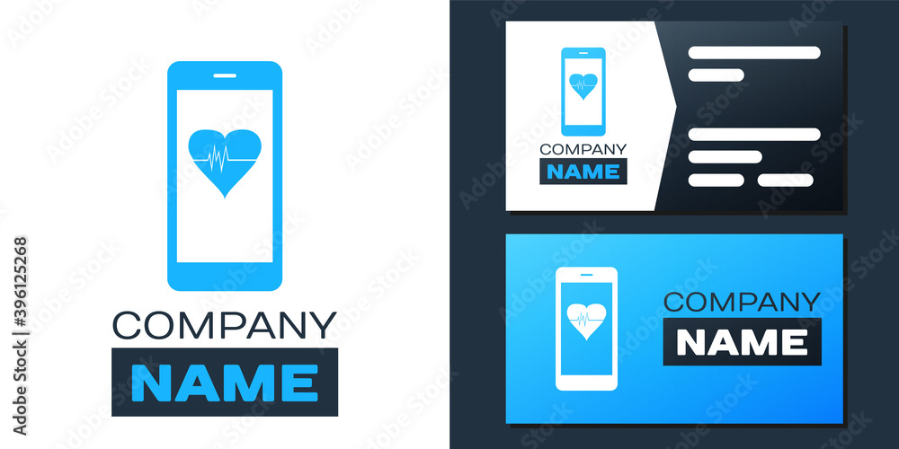 Poster logotype smartphone with heart rate monitor function icon isolated on white background. logo design 