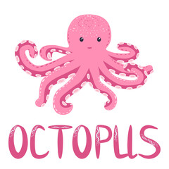 Happy Pink, Turquoise Octopus Cartoon Mascot Character. Marine inhabitants, Scandinavian style, hand drawn