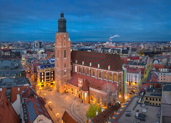 Fototapeta na wymiar Wroclaw, Poland. Aerial view of St Elizabeth church at dusk