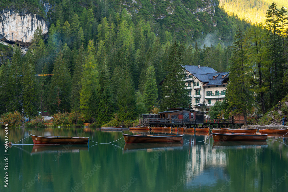 Wall mural lake braies (also known as pragser wildsee or lago di braies) in dolomites mountains, sudtirol, ital