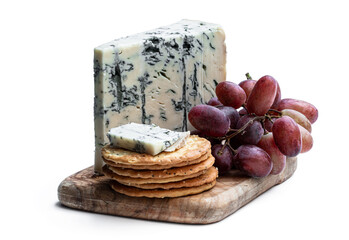 Gorgonzola cheese with grape and crackers isolated on white