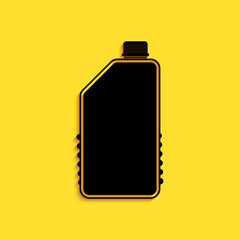 Black Household chemicals bottle icon isolated on yellow background. Liquid detergent or soap, stain remover, laundry bleach, bathroom or toilet cleaner. Long shadow style. Vector.