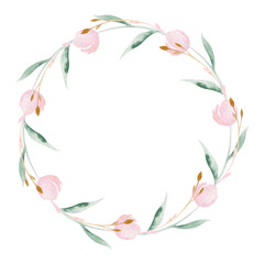 Spring bird on blooming branch with green leaves and flowers wreath. Watercolor wedding invitation card blossom painting. Hand drawn pink wreath design. Cherry isolated branch decoration.