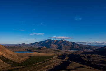 Panoramic view of Esquel valley with blue sky and clouds, Patagonia, Argentina