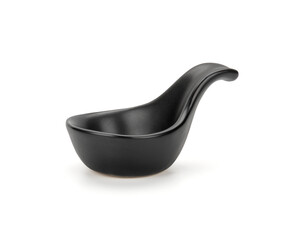 Black ceramic spoon on white background.