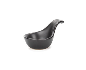 Black ceramic spoon on white background.