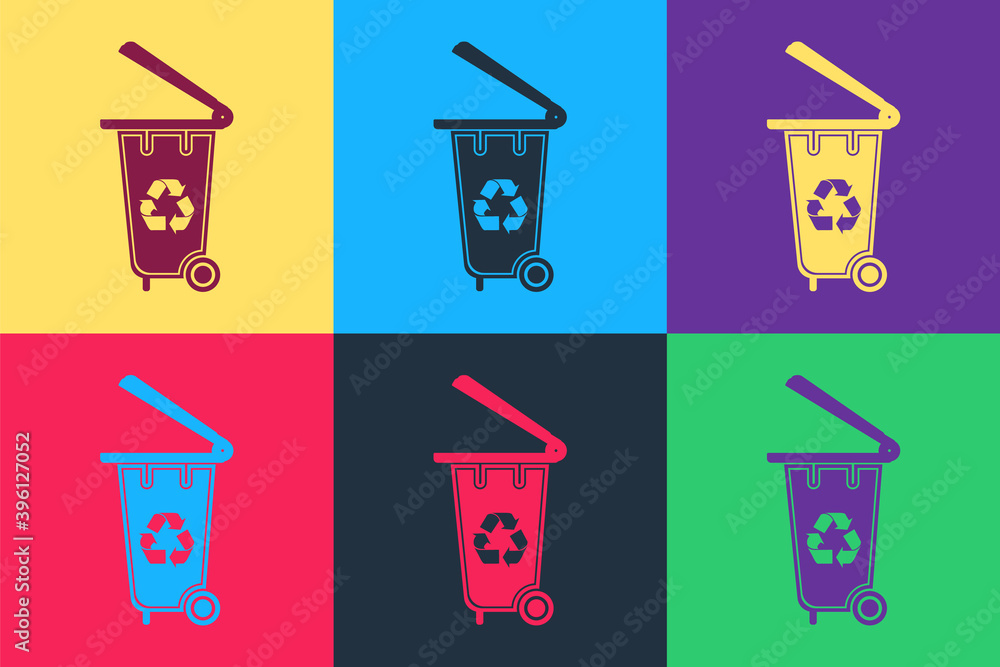 Poster pop art recycle bin with recycle symbol icon isolated on color background. trash can icon. garbage b