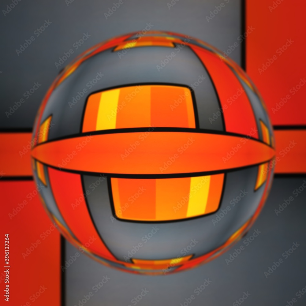 Poster brightly red and orange coloured rectangular blocks on a grey background patterns and designs with g
