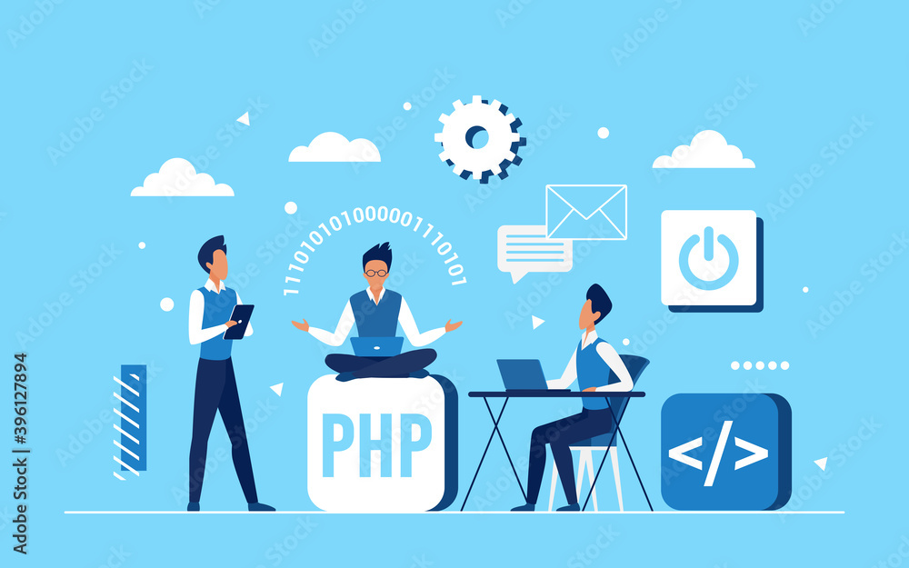 Aufkleber Programmer coder people team work on application development vector illustration. Cartoon tiny engineer developer characters programming and coding, teamwork for web design code concept background