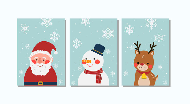 Santa Claus and snowman and reindeer card collection with snowflake background.