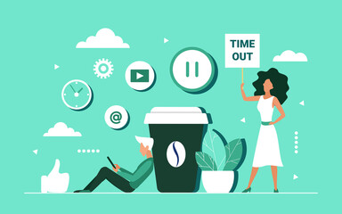 Coffee break concept vector illustration. Cartoon tiny woman character holding warning sign with time out text, man sitting near big coffee cup, using social media for break from work background