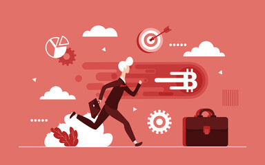 Bitcoin crypto currency business concept vector illustration. Cartoon businessman investor character running for bitcoin sign flying forward, investment in cryptocurrency digital market background