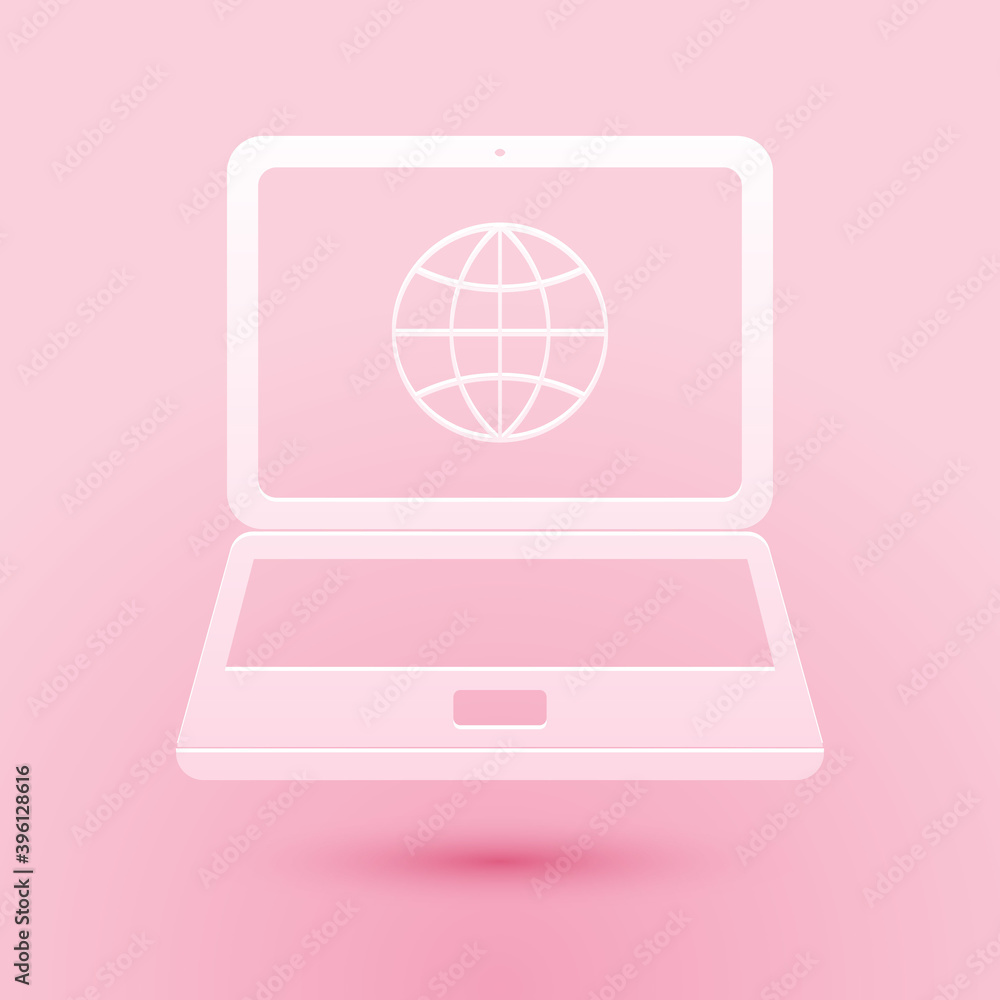 Poster paper cut globe on screen of laptop icon isolated on pink background. notebook computer with globe s