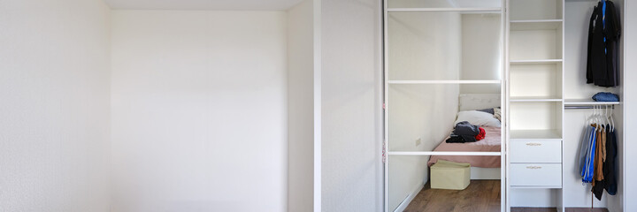Empty niche in the wall before installing the cabinet. Built-in wardrobe with clothes after...
