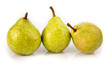 Three ripe pears isolated on white background. Still life picture taken in studio with soft-box.