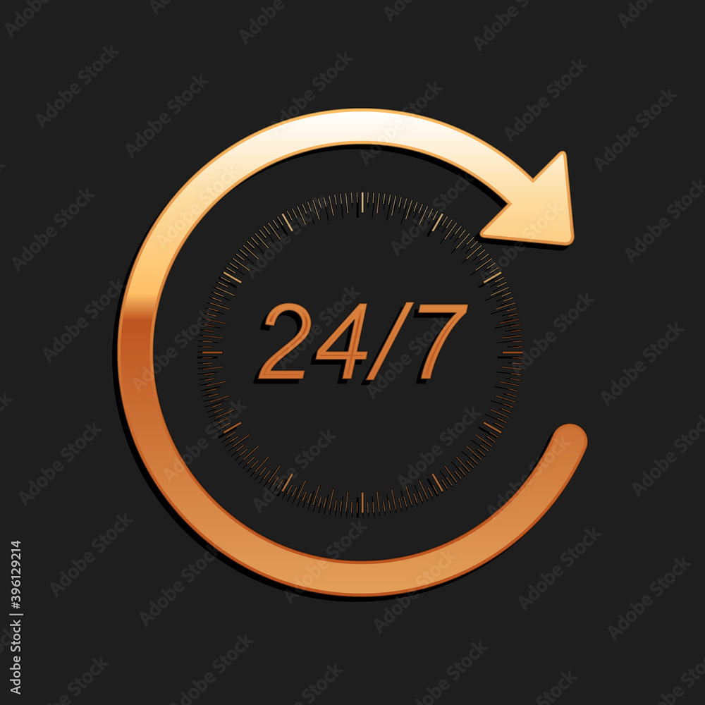 Poster gold open 24 hours a day and 7 days a week icon isolated on black background. all day cyclic icon. l