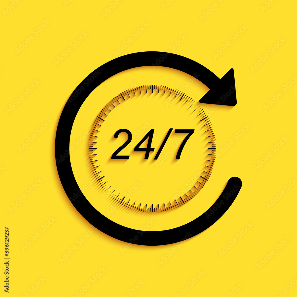 Poster black open 24 hours a day and 7 days a week icon isolated on yellow background. all day cyclic icon.