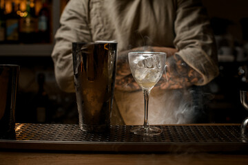 wine glass with ice cubes and shaker cup stands on steaming bar counter
