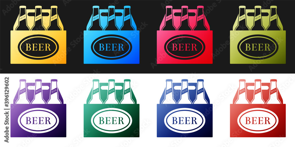 Poster set pack of beer bottles icon isolated on black and white background. case crate beer box sign. vect