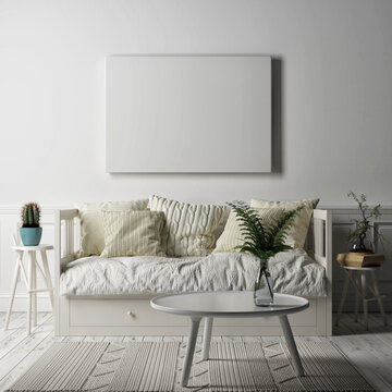 Mockup poster in Living room, Scandinavian ambient, 3d render, 3d illustration