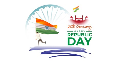 Obraz premium Vector banner of Happy Republic day, 26 january, national holiday of India, abstract India flag, ashoka chakra, template for website and social media.