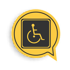 Black Disabled handicap icon isolated on white background. Wheelchair handicap sign. Yellow speech bubble symbol. Vector.