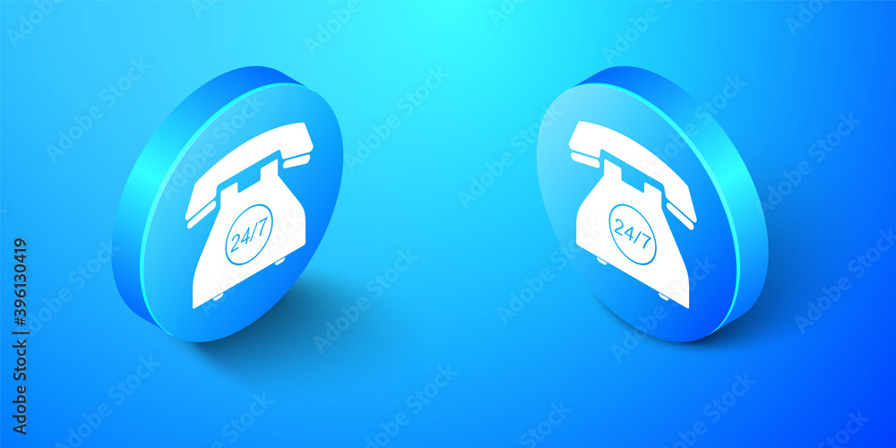 Poster isometric telephone 24 hours support icon isolated on blue background. all-day customer support call