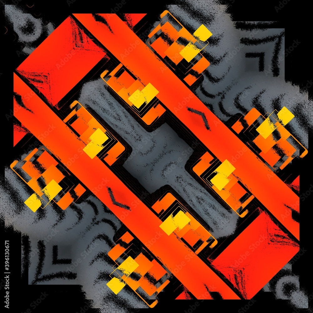 Poster brightly red and orange coloured rectangular blocks on a grey background 3d patterns and designs on 