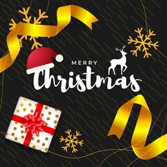Vector illustration of Merry Christmas greeting card, golden ribbon, santa cap, deer, snowflakes, gifts, holiday wishes, social media template.