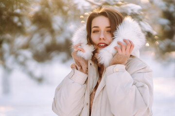 Beautiful woman in winter clothes posing in a snowy park. Young lady walking in a sunny winter day in the forest. Winter fashion, holidays, rest, travel concept.