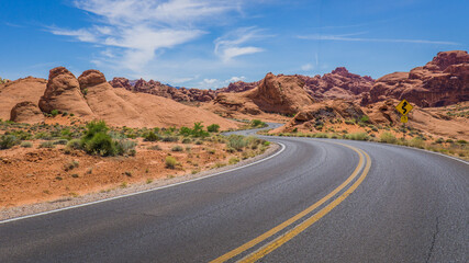 Typical arid and colorful landscape of the Valley of Fire in Nevada. 