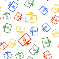 Color Computer monitor update process with gear progress and loading bar icon isolated seamless pattern on white background. Adjusting, setting, maintenance, repair. Vector.