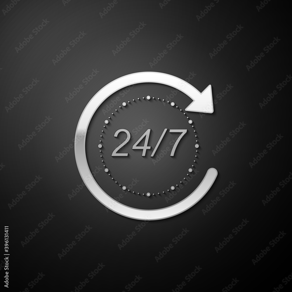 Poster silver open 24 hours a day and 7 days a week icon isolated on black background. all day cyclic icon.