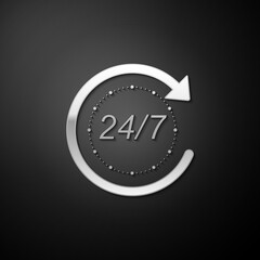 Silver Open 24 hours a day and 7 days a week icon isolated on black background. All day cyclic icon. Long shadow style. Vector.