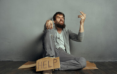 Beggar man calling for help depression homeless financial problems