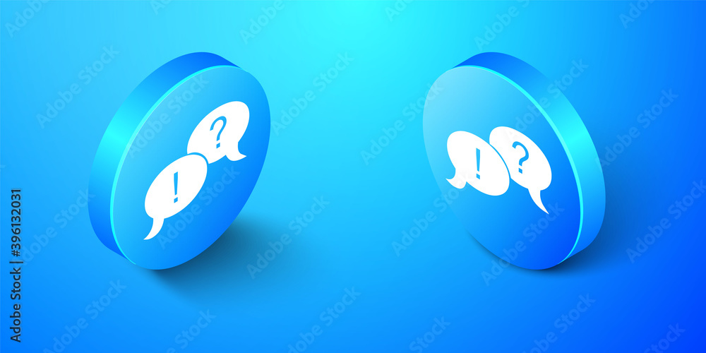 Poster isometric speech bubbles with question and exclamation marks icon isolated on blue background. faq s