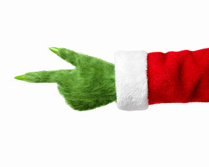 A green hairy hand in a Santa suit points to the left isolated on white 