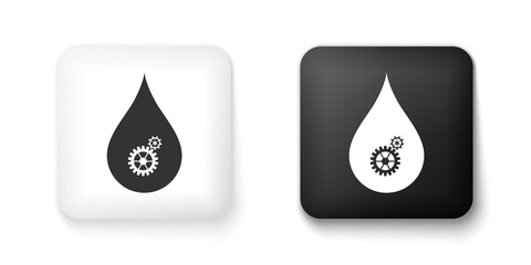 Black and white Drop with gears icon isolated on white background. Abstract concept for ecology theme, green eco energy, technology and industry. Square button. Vector.