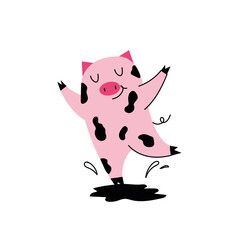 Happy pink pig, hand-drawn. Cute animal jumping in the mud. Vector symbol isolated on a white background.