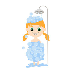 A girl with big green eyes and red hair bathes in the shower. Vector cartoon illustration of a child performing hygiene procedures in flat style isolated on white background.
