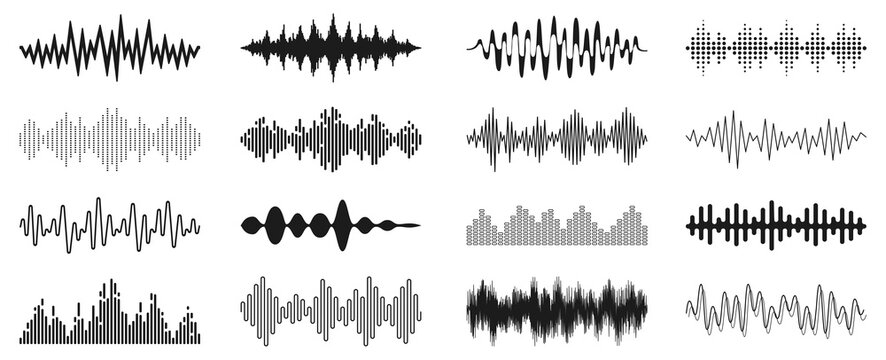 Set sound waves sign, musical sound wave collection icon, digital and analog line waveforms, electronic signal, voice recording, equalizer - stock vector